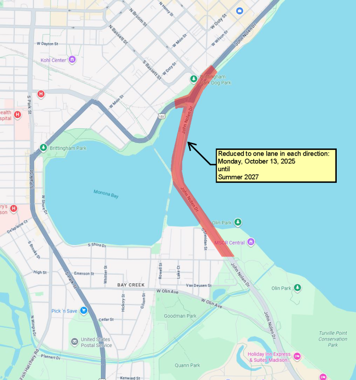 closure map for the Upcoming John Nolen Drive reconstruction project beginning on October 13, specific closure details in news release.